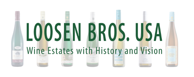 The Loosen Bros. USA logo with various wine bottles in the background representing the German producers in the import portfolio.