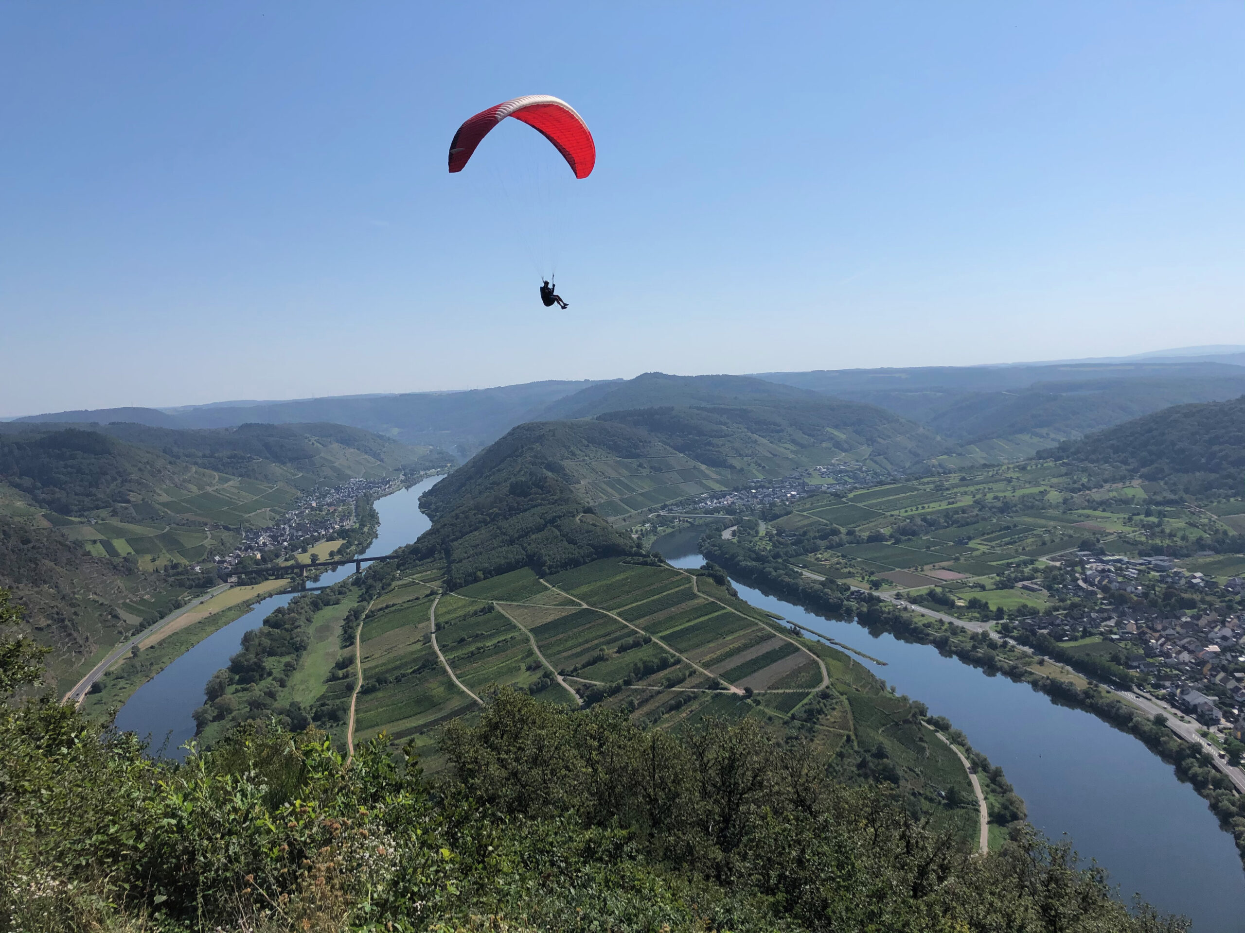 Hang Glider soars above the Mosel river and grapevines in the Bremmer Calmont Vineyard