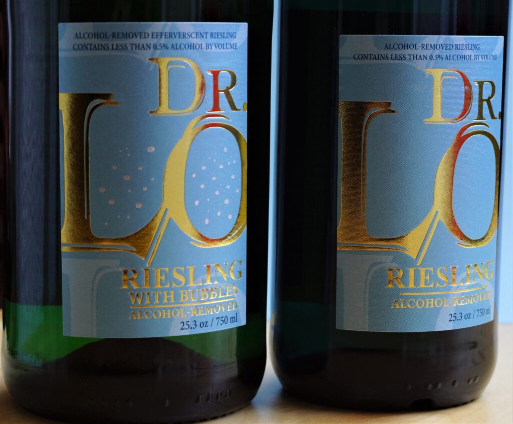 Dr Lo Sparkling Riesling and Still Riesling close-up shot of labels